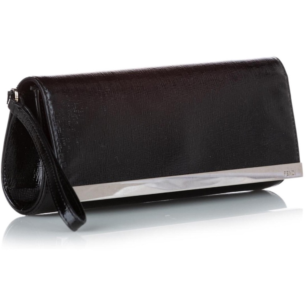 FENDI Black Patent Clutch with Silver Tone Details, Wristlet and Fendi Mirror